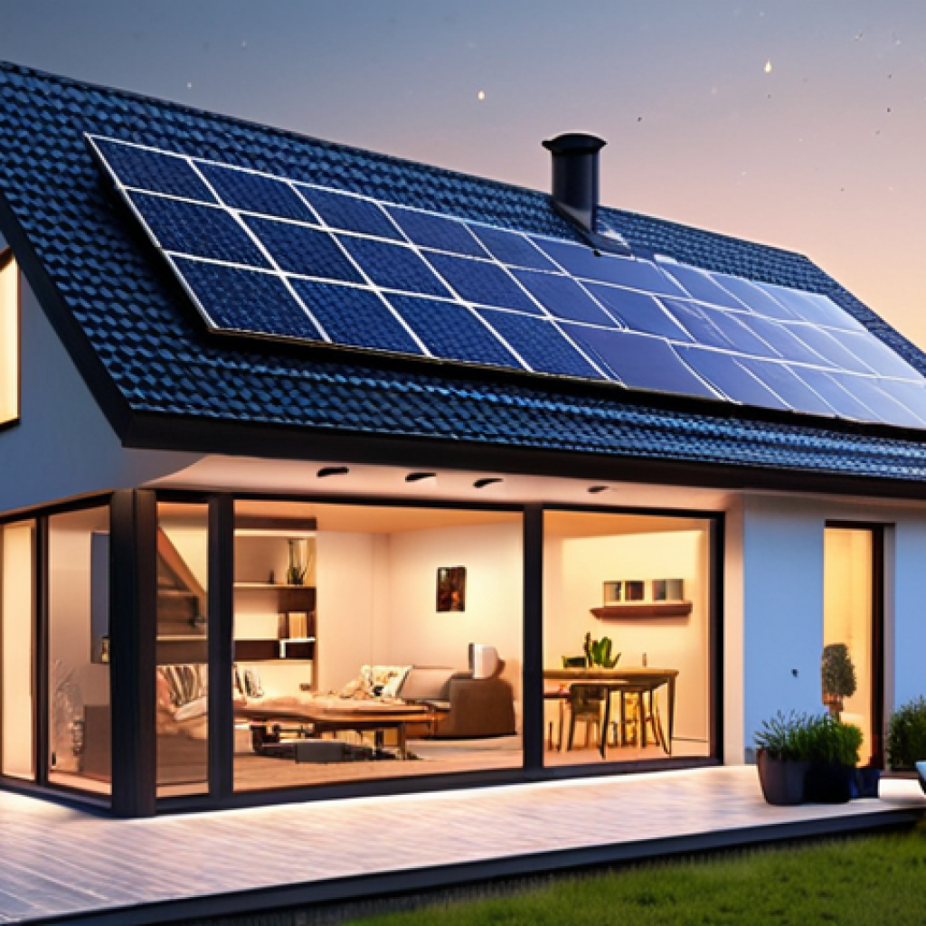 **Image Prompt:** A modern Dutch home with solar panels on the roof and a sleek, visible home battery unit inside, showcasing self-consumption of solar energy during a cozy evening scene with lights on and someone using a laptop. The scene emphasizes energy independence and a lower energy bill. Style: Photorealistic, bright, and inviting.